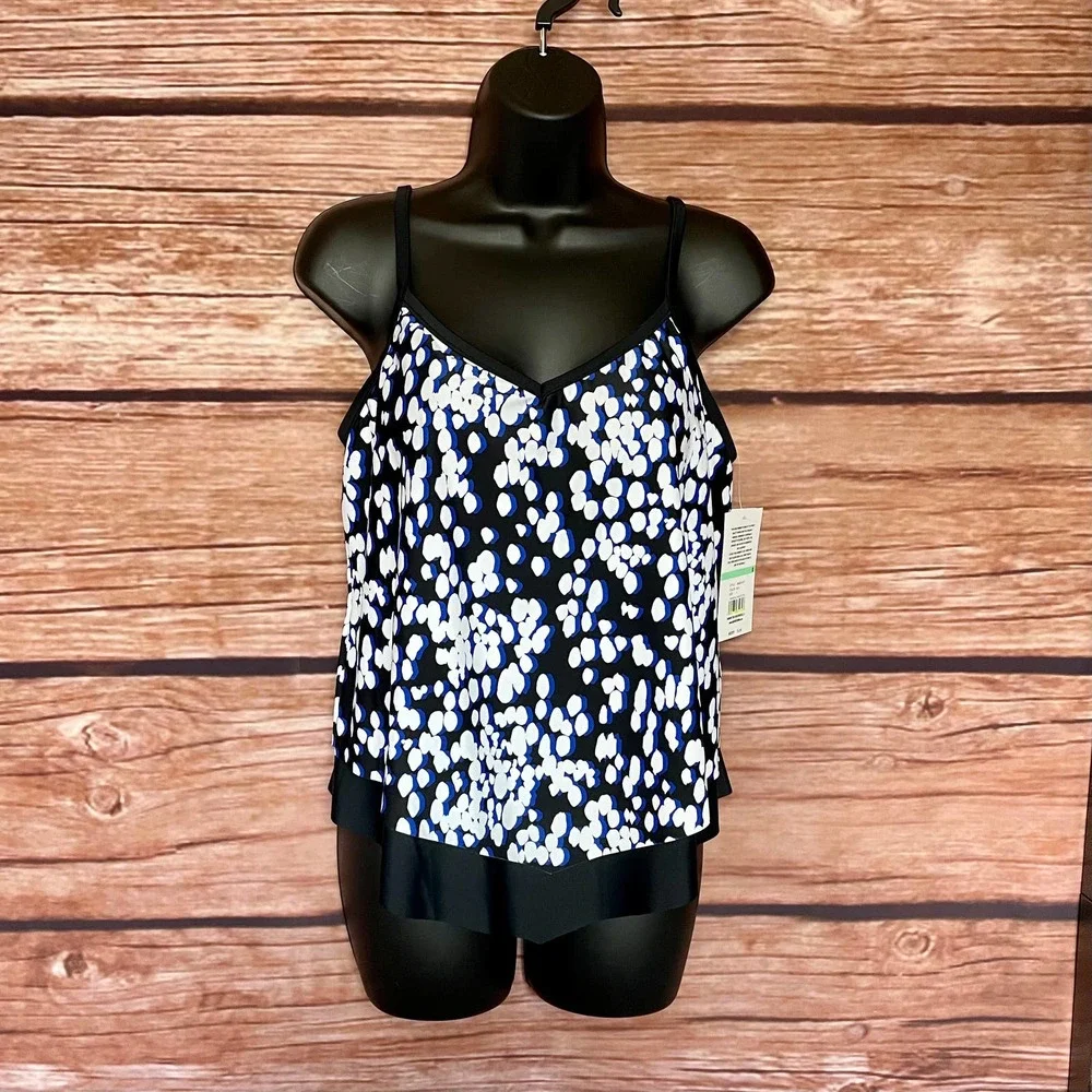Tankini 8 Maxine of Hollywood Lycra Xtra Life Black Blue White Swim Top Swimsuit - Picture 1 of 11